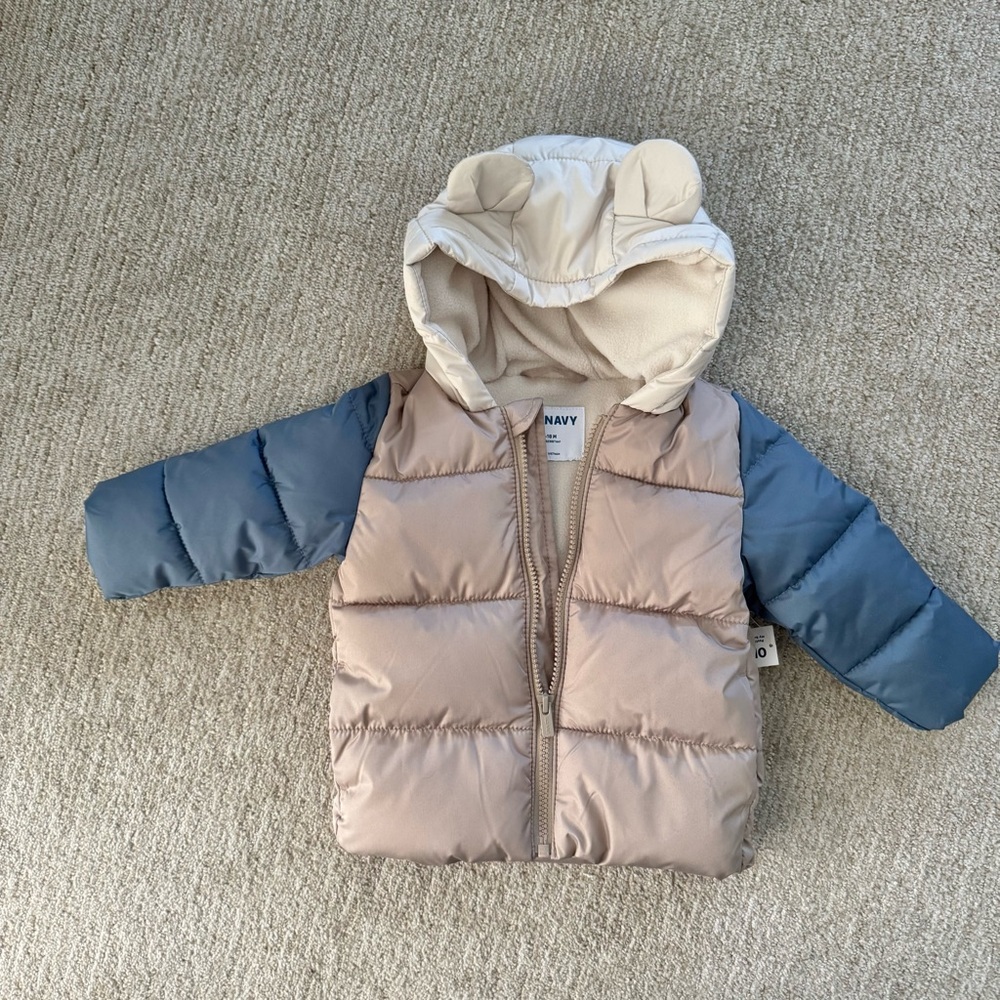 Old Navy Kids Two-Tone Puffer Jacket - Tan Body with Blue Sleeves